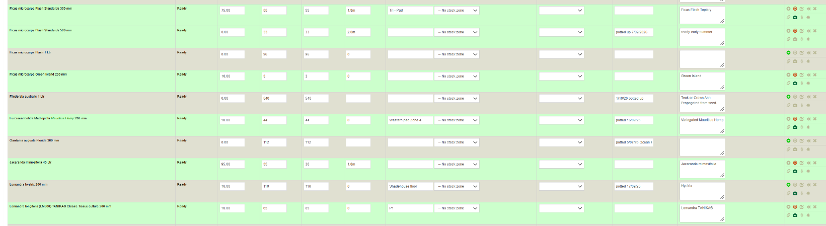 An example of Island Acres Nursery’s stock list in Evergreen Connect